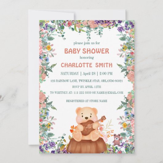 Beer met gitaarflora waterverf baby shower kaart (Voorkant)