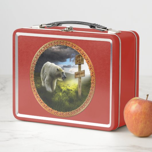 beer met pooloog op het houten noord-poolteken (In situ)