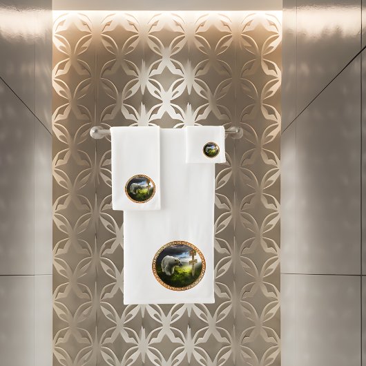 beer met pooloog op het houten noord-poolteken bad handdoek