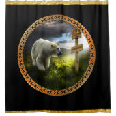 beer met pooloog op het houten noord-poolteken douchegordijn (Voorkant)