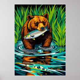 Beer met vangst - Bold Salmon Hunt River Scene Poster