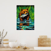 Beer met vangst - Bold Salmon Hunt River Scene Poster (Keuken)