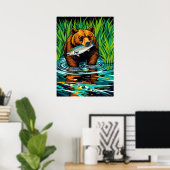 Beer met vangst - Bold Salmon Hunt River Scene Poster (Thuiskantoor)