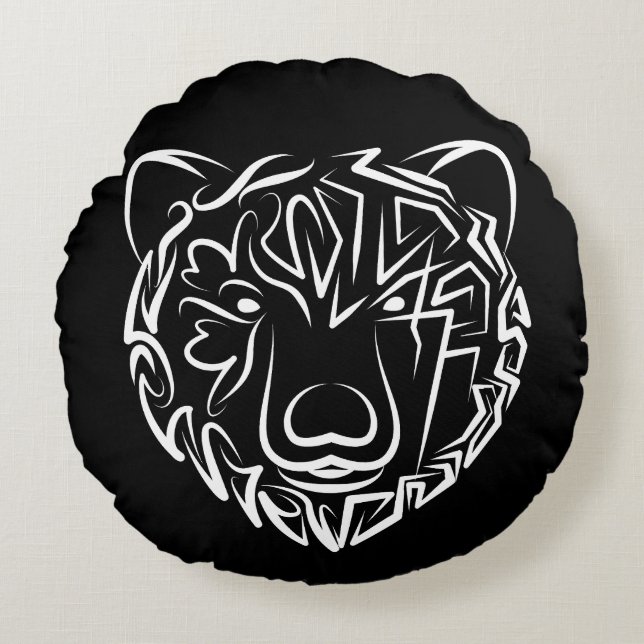 Beer met zwarte en witte tribale rond kussen (Voorkant)