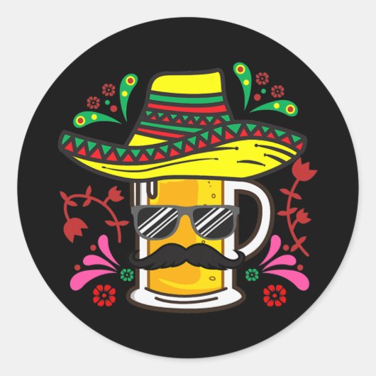 Beer Mok Sombrero Mustache Cinco De Mayo Mexican Ronde Sticker (Voorkant)
