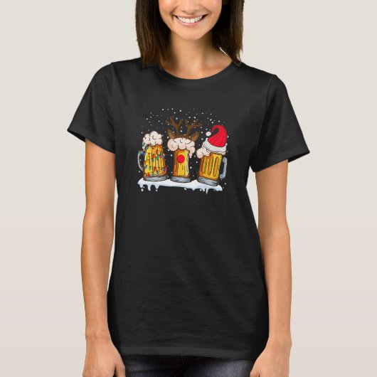 Beer Mug Christmas Tree Lights Reindeer Xmas Santa T-shirt (Voorkant)