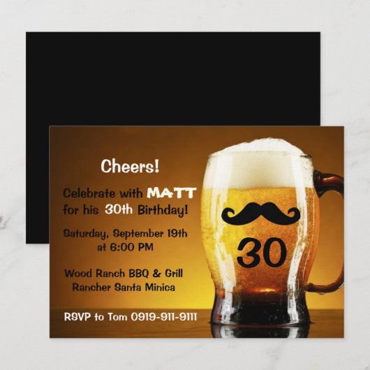Beer Mustache Fun Birthday Party Invitation Kaart (Voorkant / Achterkant)