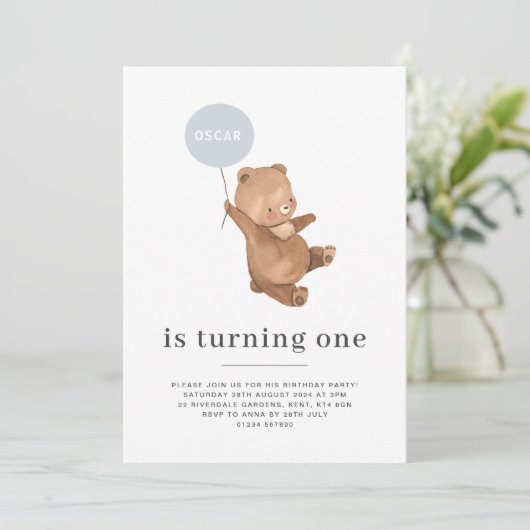 Beer naam - 1e verjaardagsuitnodiging - Blue Ballo Kaart (Staand voorkant)