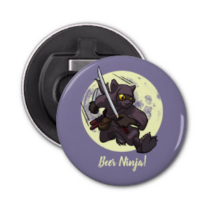 Beer Ninja Black Cat Flying Kick Zwaarden Cartoon Button Flesopener
