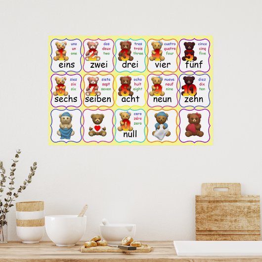 Beer Nummers in het Duits Spaans en Frans Poster (Keuken)