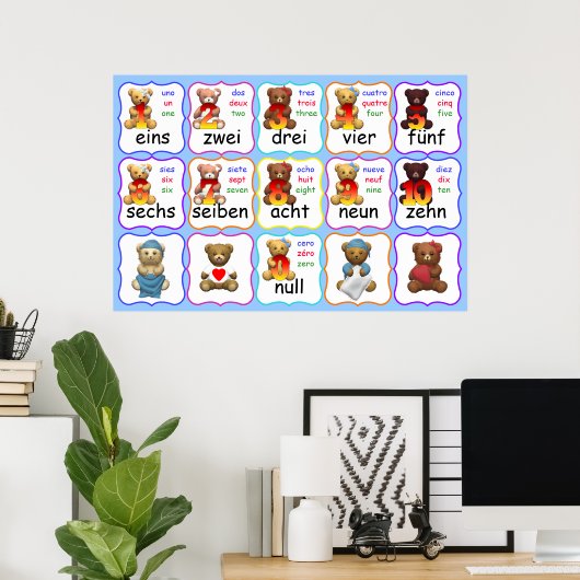Beer Nummers Onderwijs, getallen, Engels, Frans, Poster (Thuiskantoor)