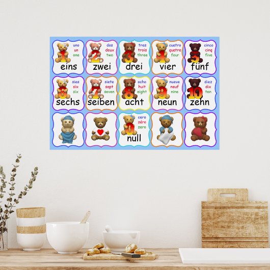 Beer Nummers Onderwijs, getallen, Engels, Frans, Poster (Keuken)