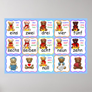 Beer Nummers Onderwijs, getallen, Engels, Frans, Poster