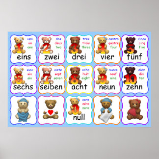Beer Nummers Onderwijs, getallen, Engels, Frans, Poster