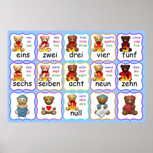 Beer Nummers Onderwijs, getallen, Engels, Frans, Poster (Voorkant)