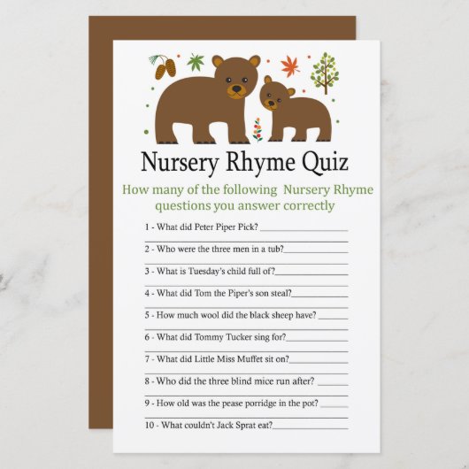 Beer Nursery Rhyme Quiz baby shower game (Voorkant / Achterkant)