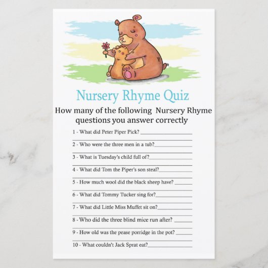 Beer Nursery Rhyme Quiz baby shower game (Voorkant)