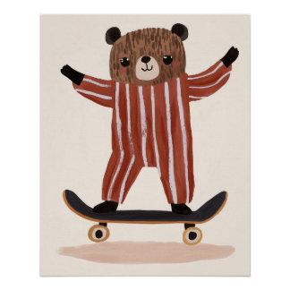 Beer op skateboard, kinderkamer muurkunst, kinder  perfect poster