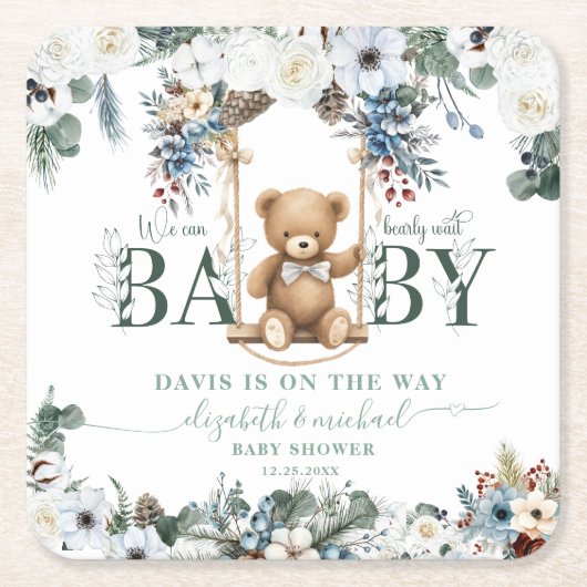 Beer op Swing Sage Green Neutral Baby shower Kartonnen Onderzetters (Voorkant)