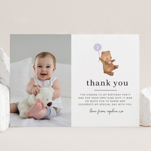 Beer Paarse ballon Foto bedankt Kaart