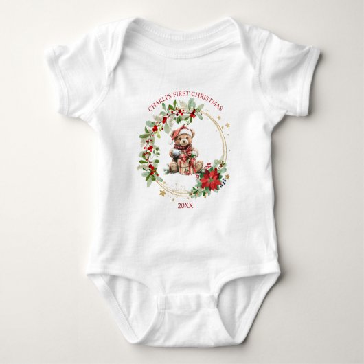 Beer Poinsettia Foliage Baby's eerste kerst Romper (Voorkant)