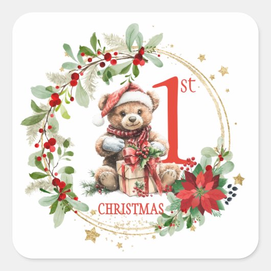 Beer Poinsettia Foliage Baby's eerste kerst Vierkante Sticker (Voorkant)