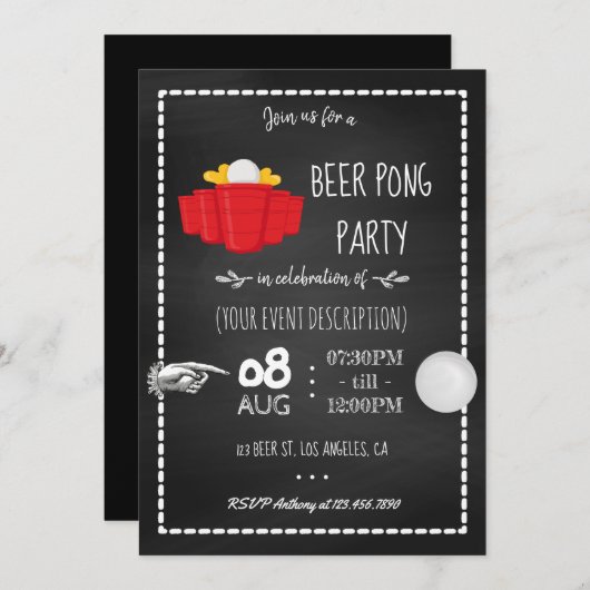 Beer Pong Party Celebration Chalkboard Uitnodiging (Voorkant / Achterkant)