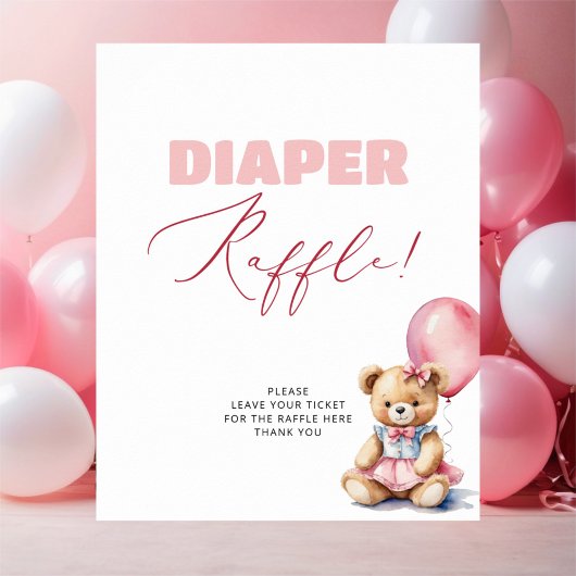 Beer Roze Ballon Meisje Baby shower Luier Raffle Poster