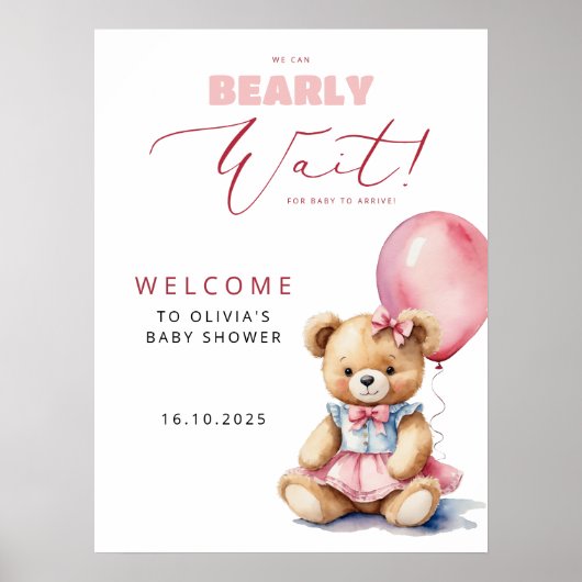 Beer roze ballon meisje Baby shower welkom Poster (Voorkant)