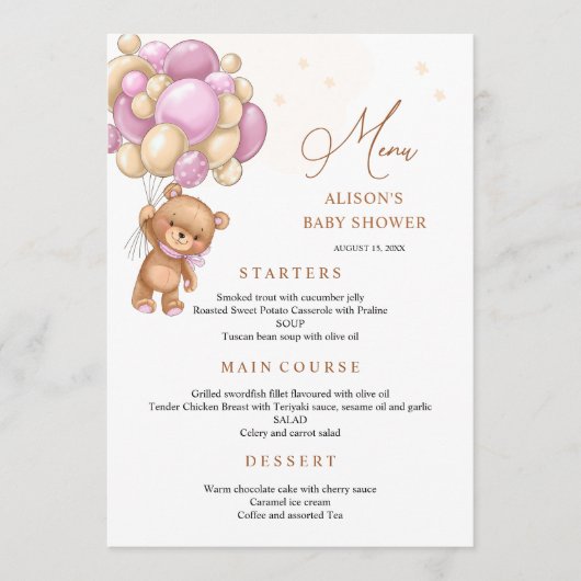 Beer Roze Ballonnen Baby Shower Menu (Voorkant)