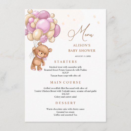 Beer Roze ballonnen Baby shower Menu (Voorkant)