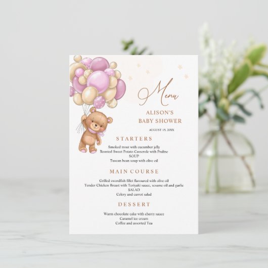 Beer Roze ballonnen Baby shower Menu (Staand voorkant)