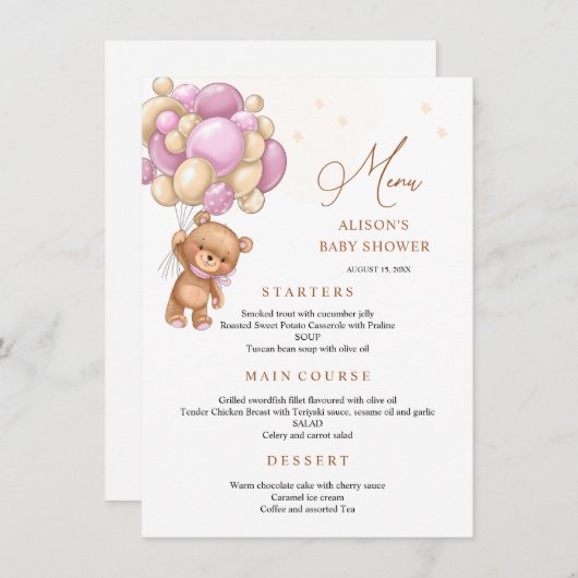 Beer Roze ballonnen Baby shower Menu (Voorkant / Achterkant)
