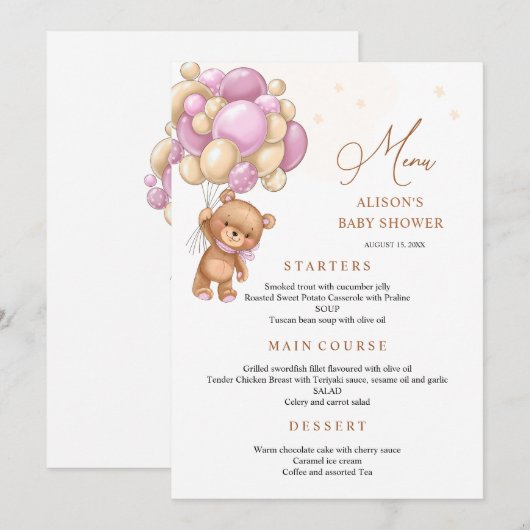 Beer Roze Ballonnen Baby Shower Menu Kaart (Voorkant / Achterkant)