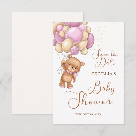 Beer Roze ballonnen Baby shower Opslaan Datum (Voorkant / Achterkant)