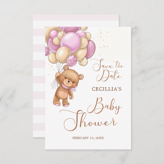 Beer Roze ballonnen Baby shower Opslaan Datum Informatiekaartje (Voorkant / Achterkant)