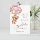 Beer Roze ballonnen Baby shower Opslaan Datum Informatiekaartje (Staand voorkant)