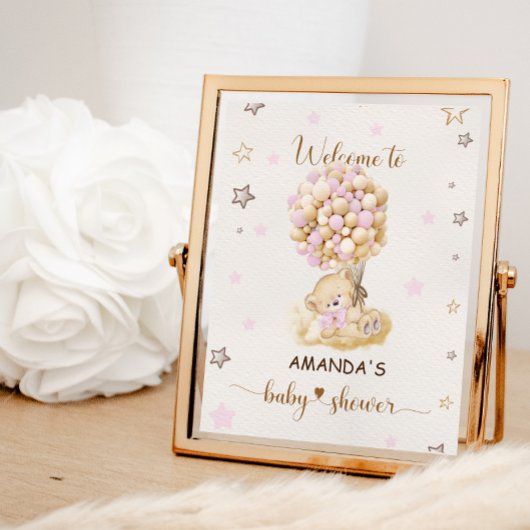 Beer roze ballonnen baby shower Roze welkomstbord Poster