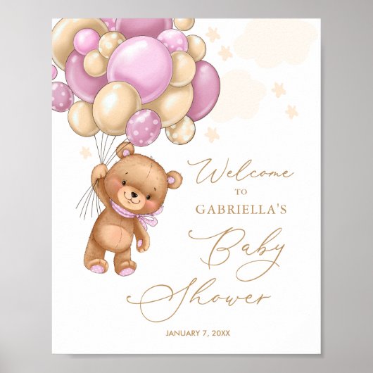 Beer Roze ballonnen Baby shower WelkomstPoster Poster (Voorkant)