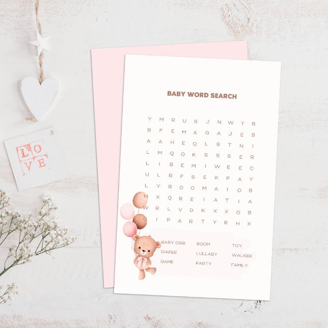 Beer & Roze Ballonnen Baby shower Woord Zoeken Gam (Bear & Pink Balloons Baby Shower Word Search Game on a boho wooden table.)