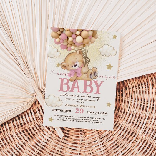 Beer Roze Ballonnen Bearly Wait Girl Baby shower Kaart