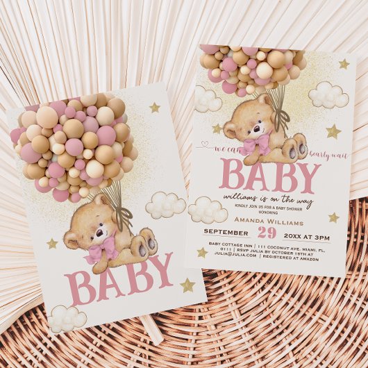 Beer Roze Ballonnen Bearly Wait Girl Baby shower Kaart