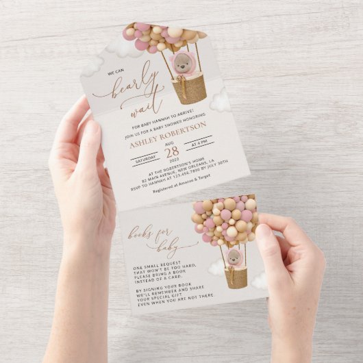 Beer, roze ballonnen, heteluchtballon, Baby shower All In One Uitnodiging (Afscheurbaar)