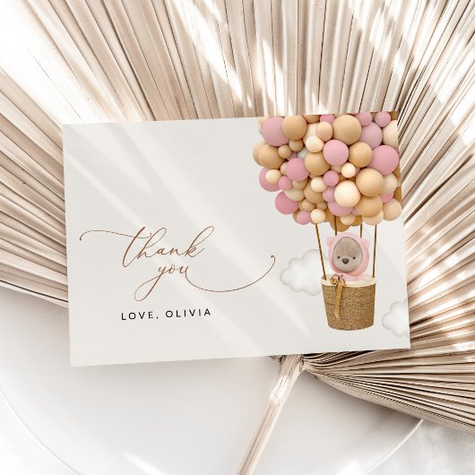 Beer, roze ballonnen, heteluchtballon, Baby shower Bedankkaart