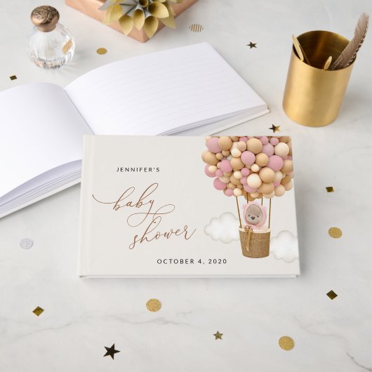 Beer, roze ballonnen, heteluchtballon, Baby shower Gastenboek (Voorkant open)
