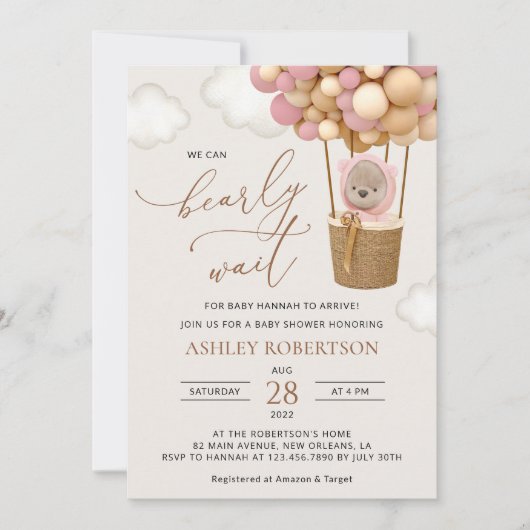 Beer, roze ballonnen, heteluchtballon, Baby shower Kaart (Voorkant)