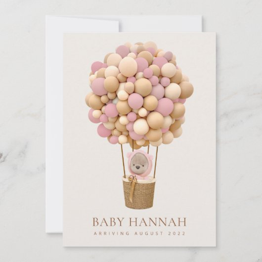 Beer, roze ballonnen, heteluchtballon, Baby shower Kaart (Achterkant)