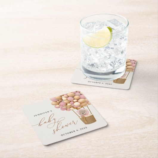 Beer, roze ballonnen, heteluchtballon, Baby shower Kartonnen Onderzetters (Insitu)