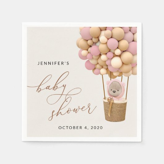Beer, roze ballonnen, heteluchtballon, Baby shower Servet (Voorkant)