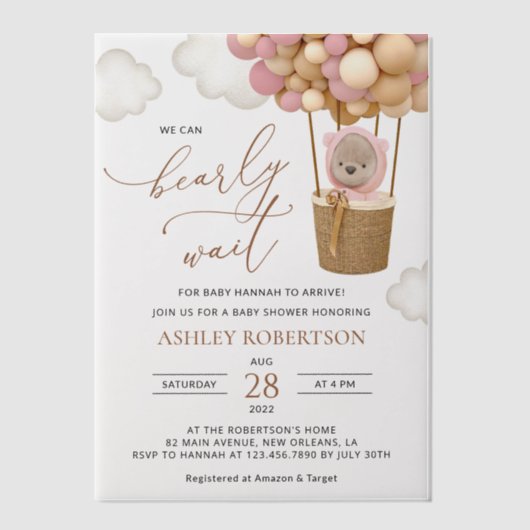 Beer, roze ballonnen, heteluchtballon, Baby shower Vellum Uitnodigingen (Voorkant)